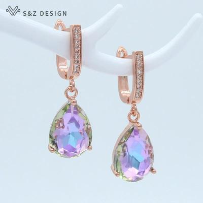 Fashion Luxury Water Drop Crystal Rose Gold Color Dangle Earrings For Women Wedding Engagement Elegant Jewelry
