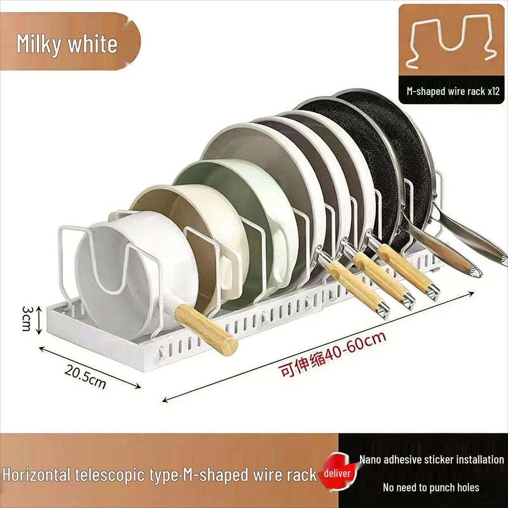 Adjustable Cookware Storage Rack: Pull-out Pot, Lid, and Dish Holder for Cabinet Countertops