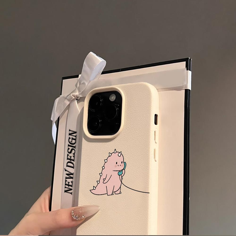 Adorable Talking Dinosaur Pair Couple Case For iPhone 17 Air 16 15 14 13 12 11 Pro Max Plus X Litchi Texture Protective Cover