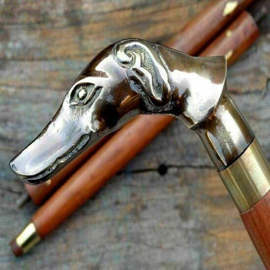Brass Dog Head Handle Walking Stick Vintage Wooden Cane Designer Antique Gift