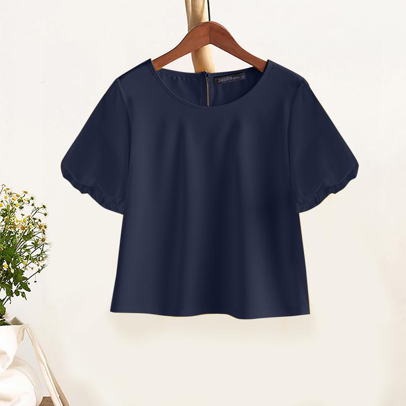 ZANZEA Women Casual Round Neck Solid Color Summer Short Sleeve Blouse