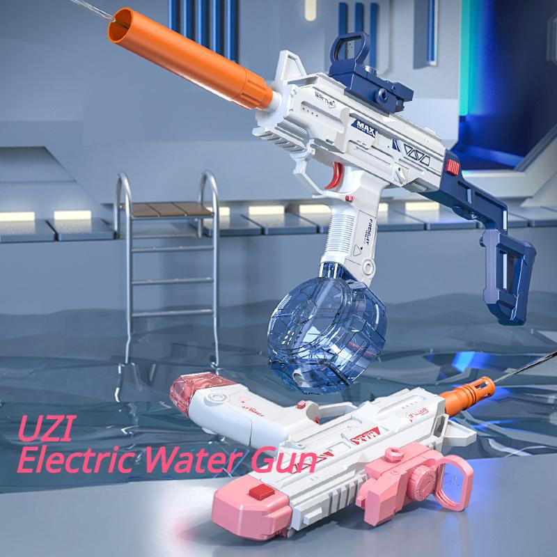Pistola ad Acqua Elettrica Uzi Sparo Continuo Giocattoli Estivi per Piscina Pistola con Mirino Silenziatore Divertimento all'Aperto Prop Gioco Cs per Bambini