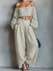 Women's Two Piece Set Off Shoulder Crop Top Wide Leg Pants Long Sleeve Party Outfit