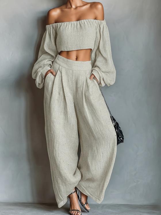 Women's Two Piece Set Off Shoulder Crop Top Wide Leg Pants Long Sleeve Party Outfit