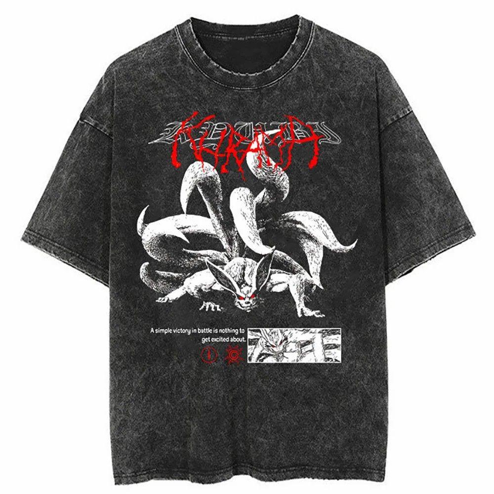 Streetwear Washed Naruto Anime T-shirt for Men and Women Pure Cotton Summer New Short Sleeve Retro Vintage Design