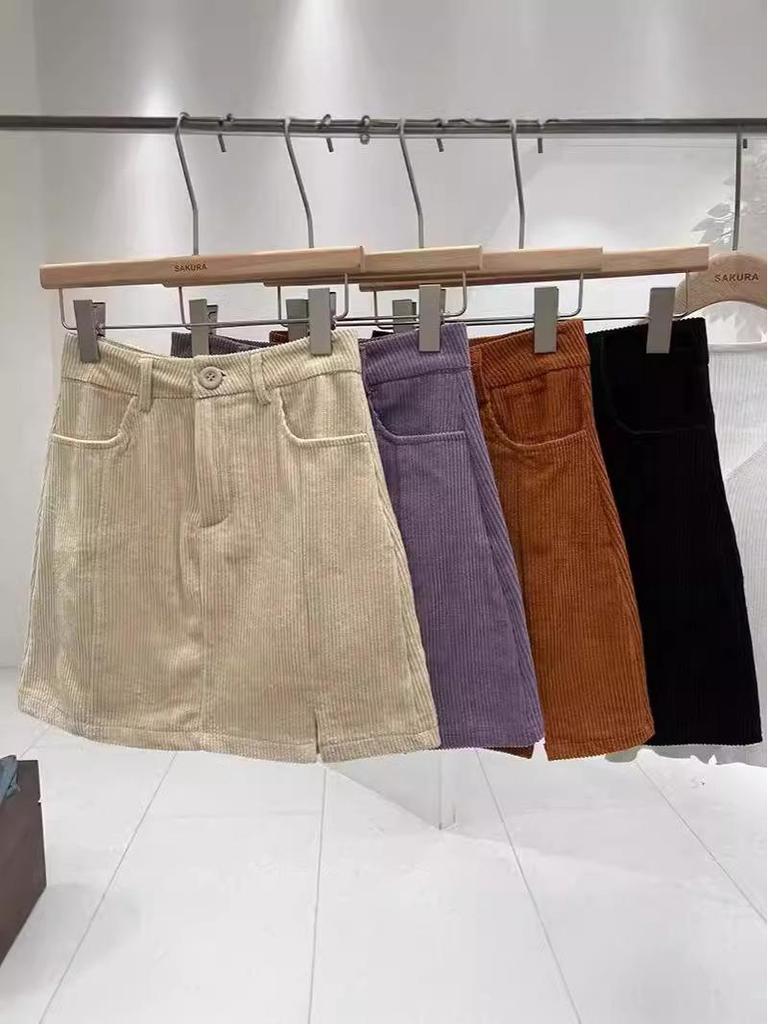 Petite High Waist Corduroy Bodycon Midi Skirt – Women's Autumn/Winter A-line Slit Skirt