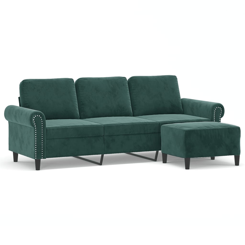 Vidaxl 3-Seater Sofa with Footstool, Dark Green, 180 Cm, Velvet