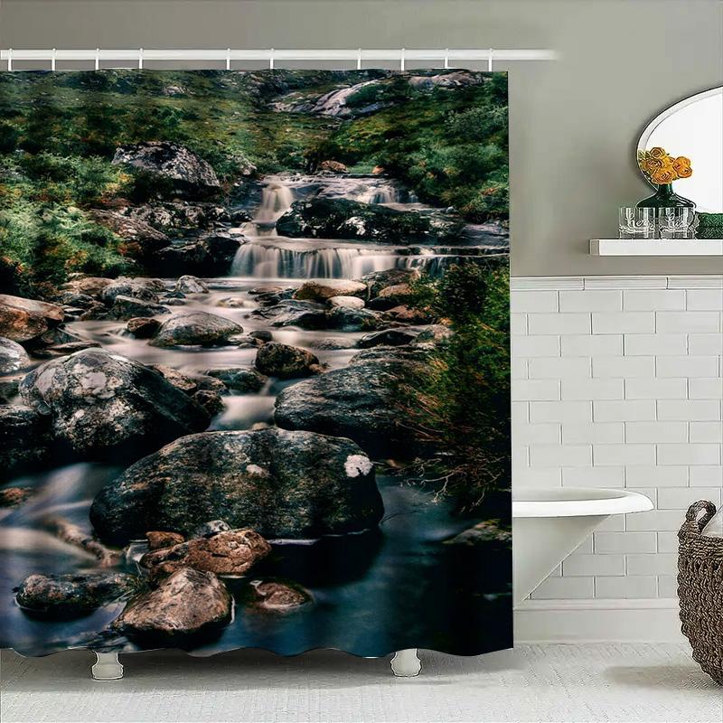 High-Quality Shower Curtain Featuring A Natural Stream Design For Bathroom Decor