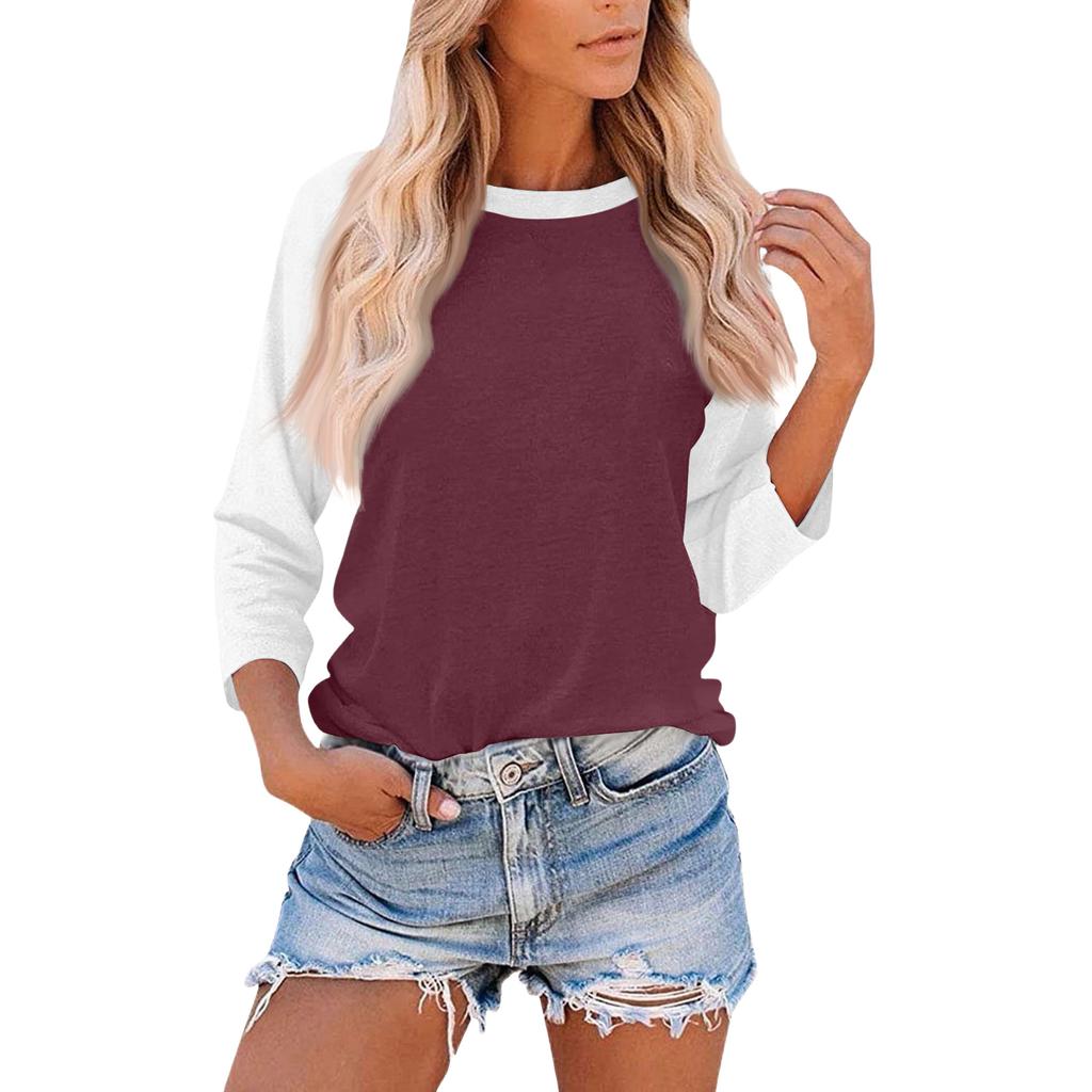 Damen Casual Fashion Loose Color Matching Dreiviertelärmel Stitching T-Shirt Top