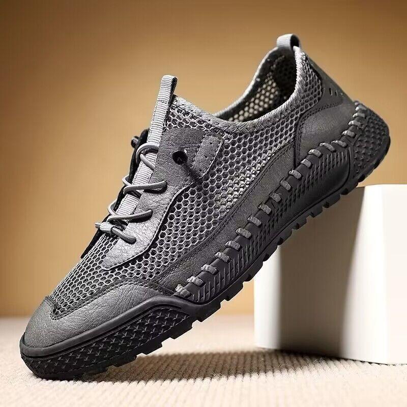 Mens Breathable Mesh Outdoor Casual Driving Shoes With Hand-Stitched Detailing Lightweight Sneakers