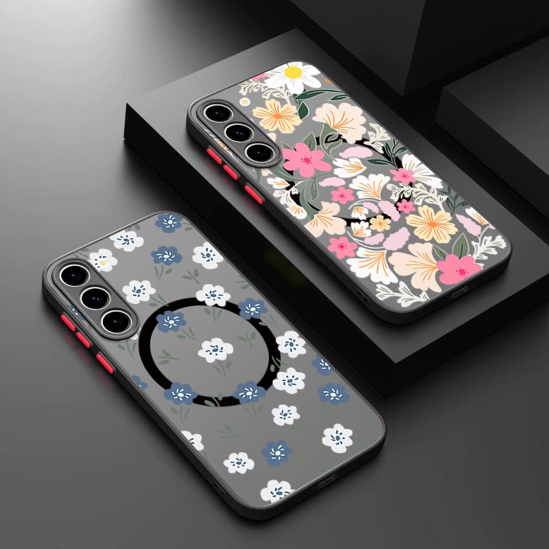 Romantic Flower Pattern Magnetic Phone Case For Samsung Galaxy A37 A17 A56 A36 A55 A35 A26 A16 A25 A15 A54 A14 A34 Acrylic Cover