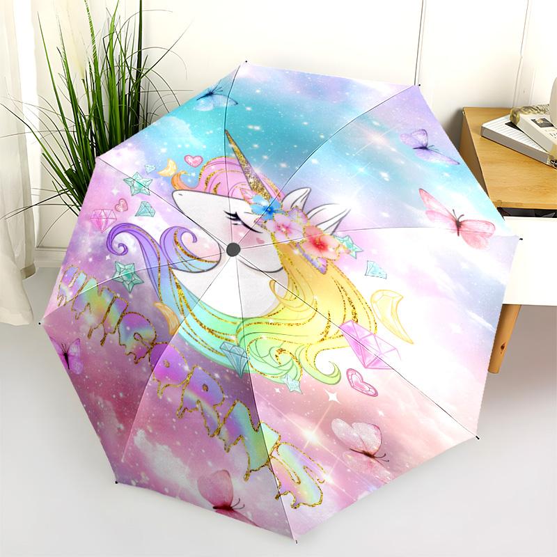 Unicorn Rainbow Magic Folding Umbrella Suitable For All Seasons Durable Light Sun Umbrella Three Folds