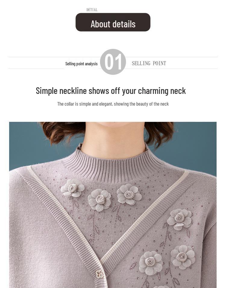 Mom's Winter Plus Velvet Layered Half-High Collar Sweater for Middle-Aged and Elderly Women - Warm Knitwear Base Layer