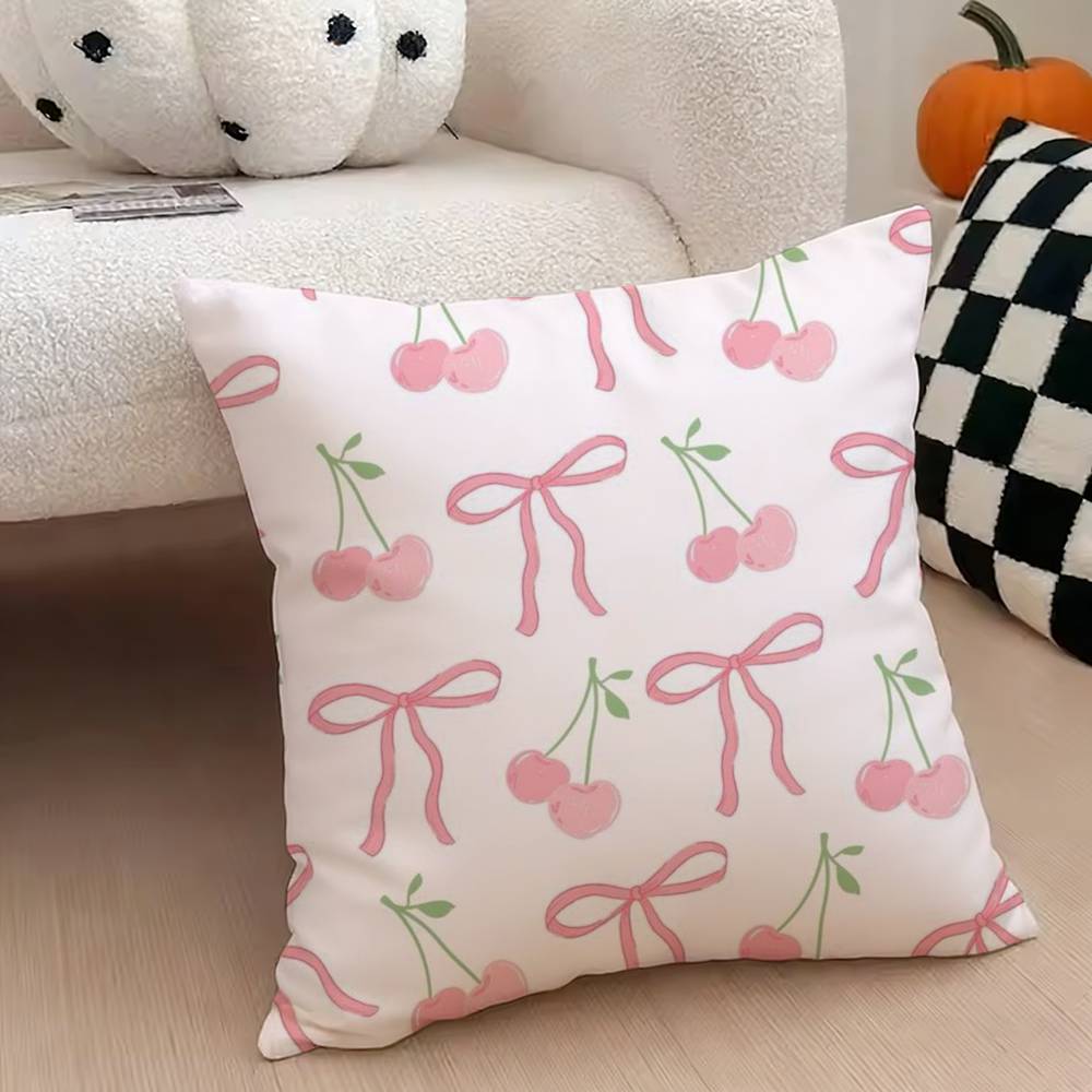 Pink Bow Cherry Pattern Pillow Case For Sofa Living Room Home Office Decor Protective Cover