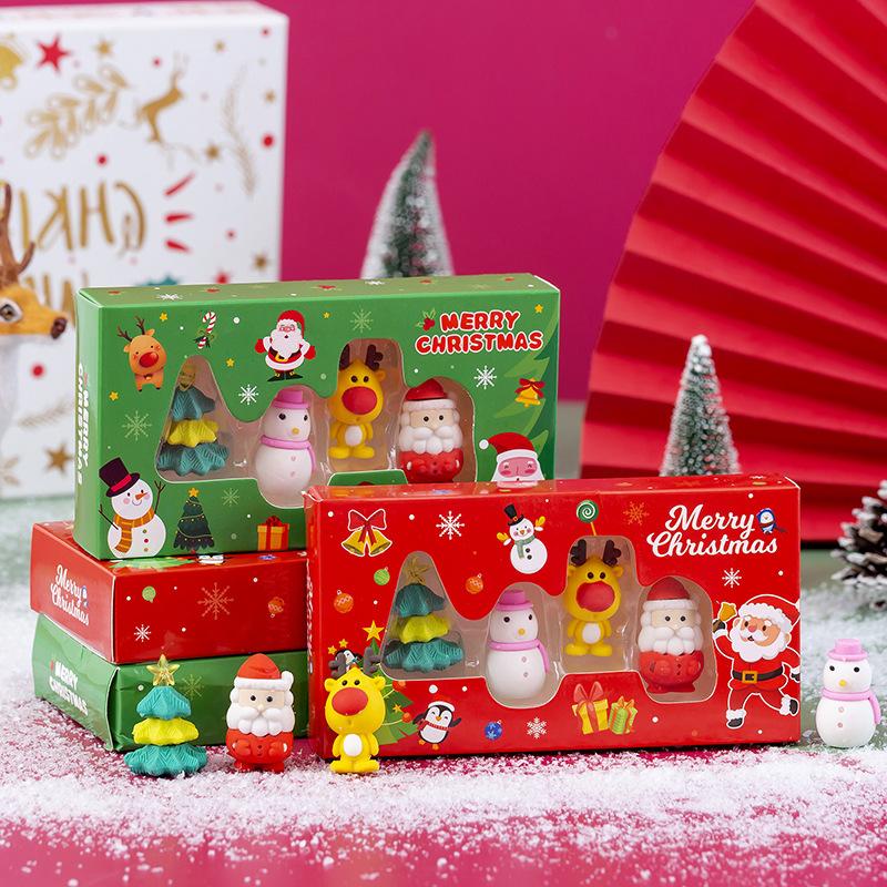 4 Stück/Set Niedliche Weihnachts-Bleistift-Radiergummi Cartoon Weihnachtsbaum Weihnachtsmann Elch Schneemänner Gummi-Radiergummis Kawaii Schreibwaren Kinder Schule Supp