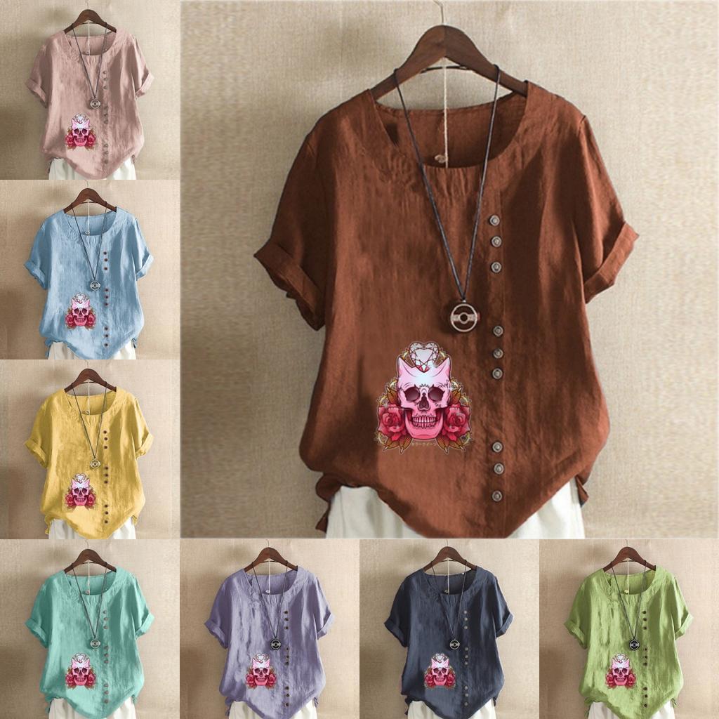 Women's Fashion Round Neck Short Sleeve T-shirt Casual Cotton Linen Graphic Shirt Leisure Loose Flower Prined Summer Blouse Tops
