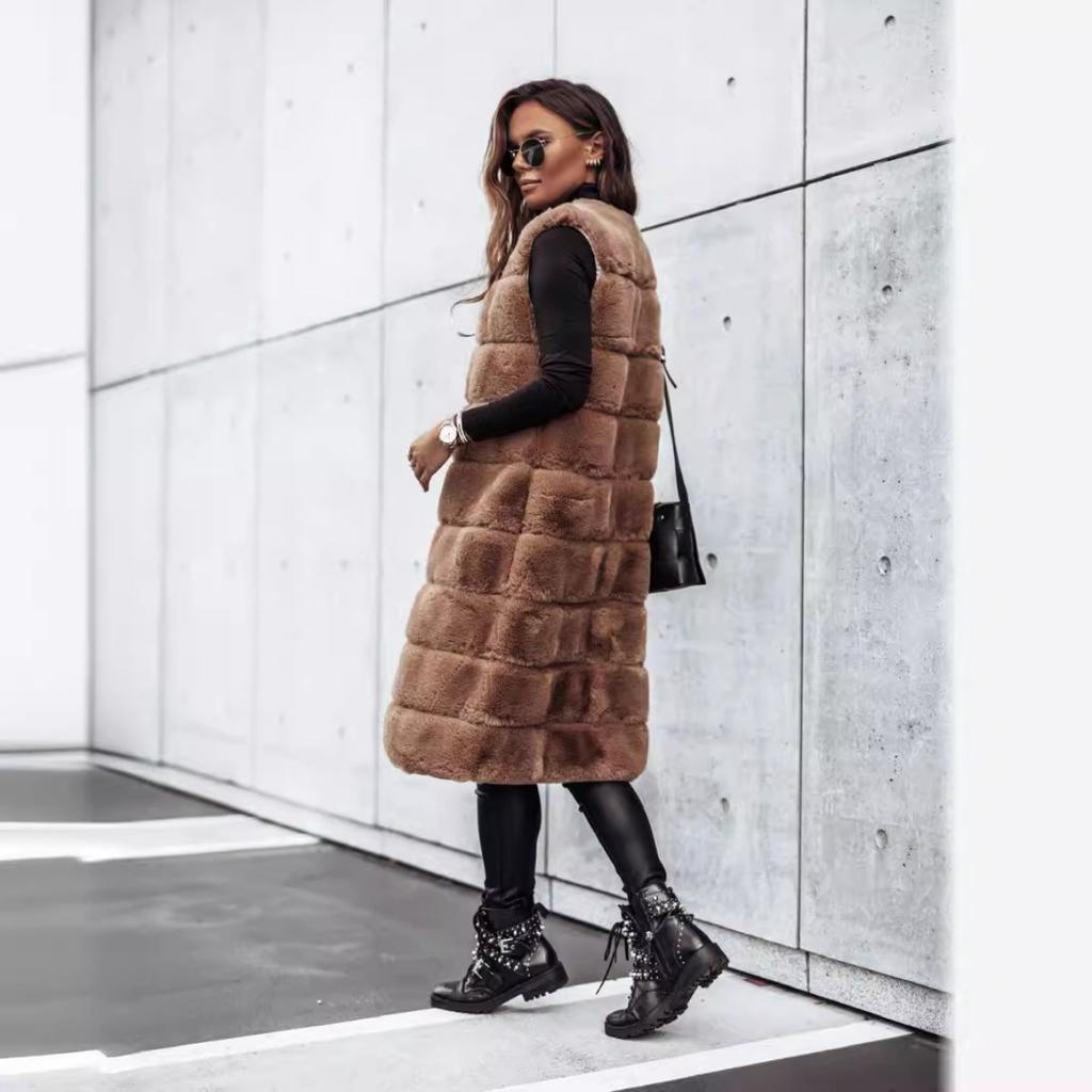 Women's Winter Autumn Long Faux Fur Vest Sleeveless Jacket Casual Outerwear For European American Style