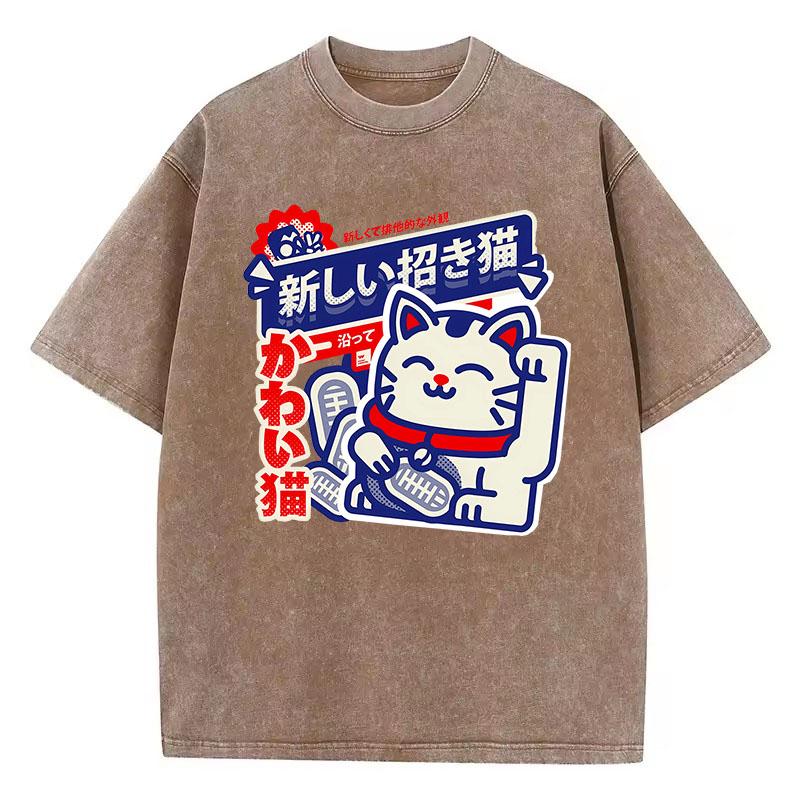 Manga T Shirt Vintage Washed Cotton T-Shirt Japanese Style Anime Cat Graphic Tee Casual Streetwear Spring Tops