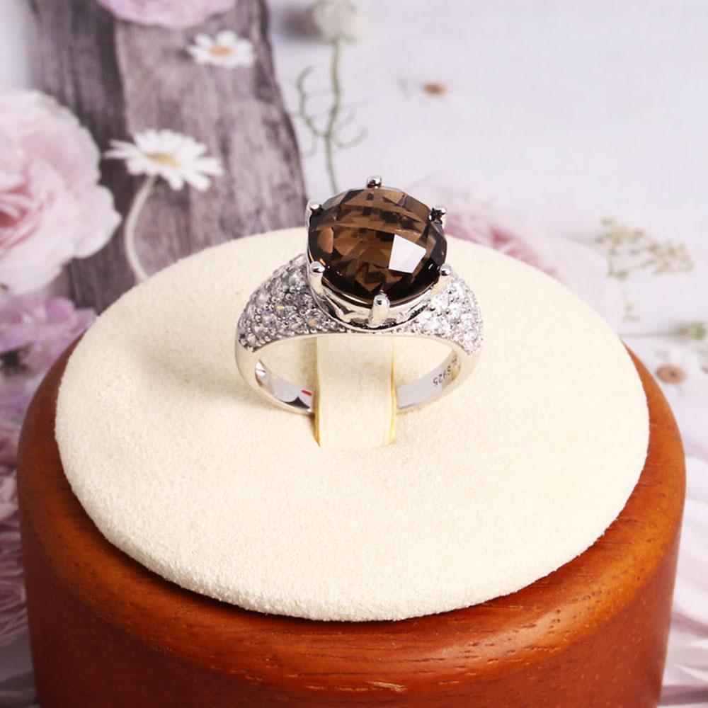 Klasyczny pierścionek ze srebra próby 925 Prawdziwe kamienie szlachetne Naturalny okrągły 12,0 mm Smoky Duży rozmiar Wykwintna biżuteria dla kobiet na prezent na przyjęcie urodzinowe