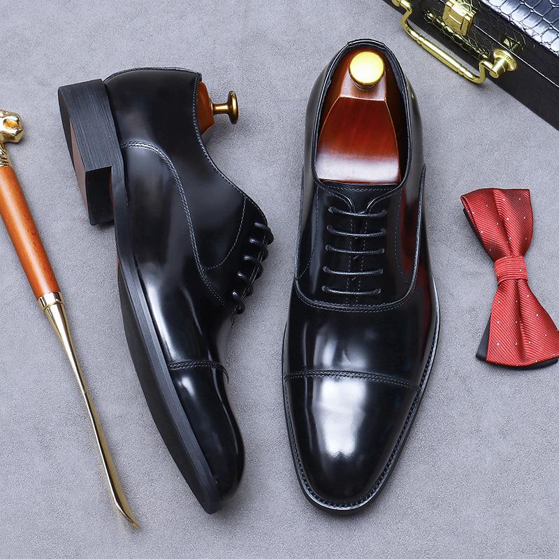 European Handmade Glossy Leather Oxford Shoes - Men's Genuine Cowhide, Three-Eyelet Business Formal Low-Top Style