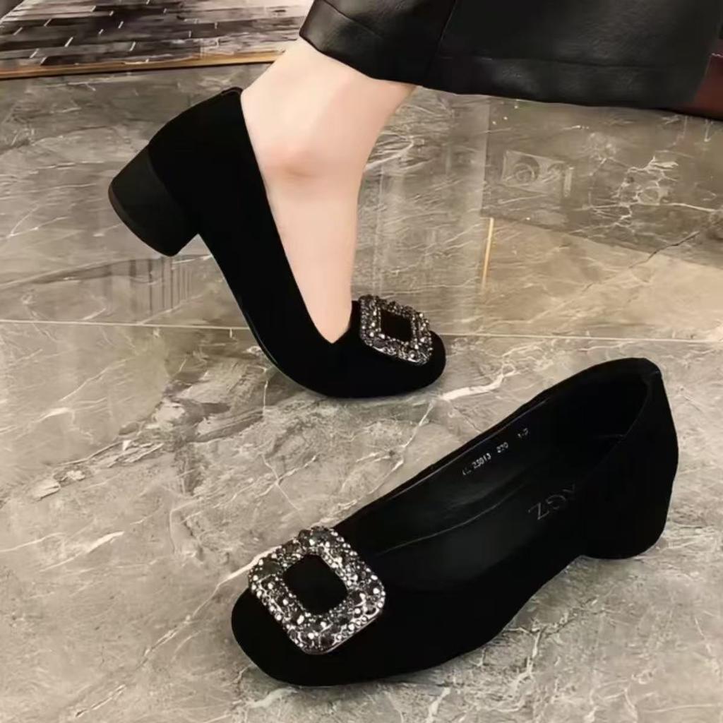 Square head low-heeled single shoes women's commuting new autumn women's shoes shallow mouth rhinestone square buckle not tired feet thick heel shoes