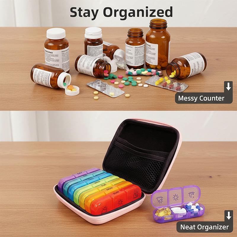 Food Grade Plastic Rainbow Grid Waterproof Medicine Box Bag Type Weekly Dose Storage Organizer Compact Portable Pill Case