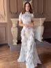 Women's 2025 Spring Retro Elegant Short Sleeve Waist-Cinching Long Dress