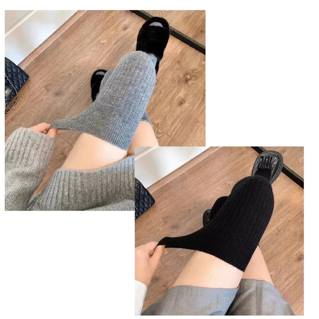 Chaussettes en laine Femme Automne/Hiver Couleur unie Cuisse haute Médias Lolita Chaussettes chaudes épaisses Noir Blanc Chaussettes longues pour femme