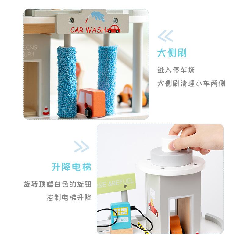 Wooden Simulation Parking Lot Toy Rotating Parking Lot Gas Station Scene Simulation Puzzle Toy