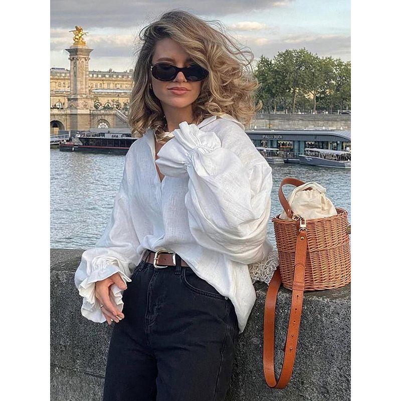 French style Loose Casual Lapel Lantern Sleeve Long sleeve White Simple Shirts Top Women's Shirt Top