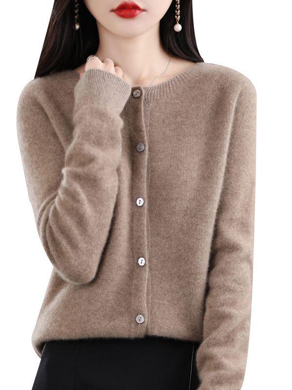 Women's Wool Knitwear: Autumn/Winter Round Neck Cardigan - Long Sleeve Solid Color Sweater Jacket
