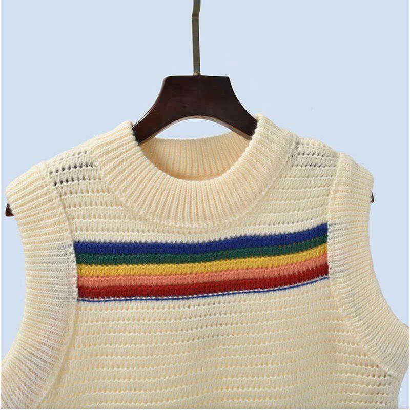 French Style Stripes Knitted Vest Women's Spring and Autumn Outdoor Sleeveless Waistcoat Vest Bandage Dress Short Sweater