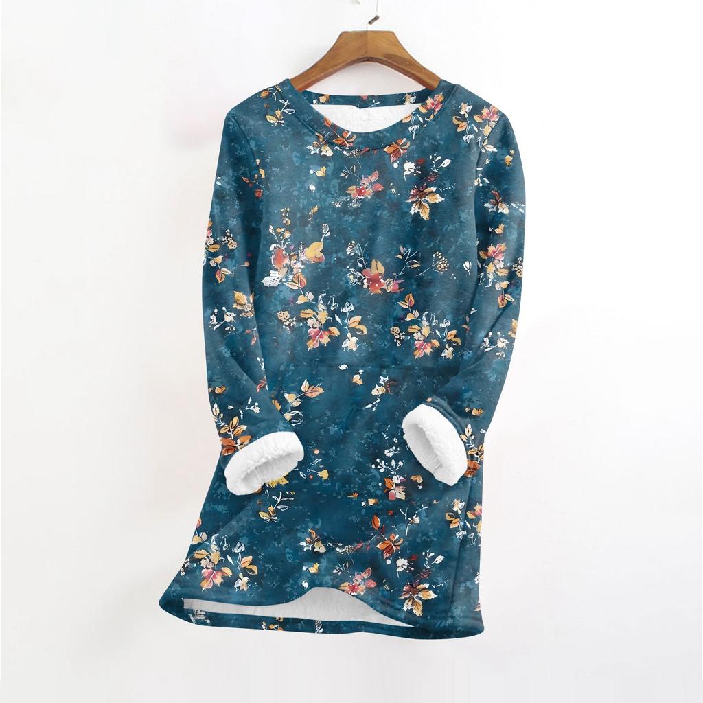Women's Fashionable Printed Round Neck Long Sleeved Plush Warm Pullover Top