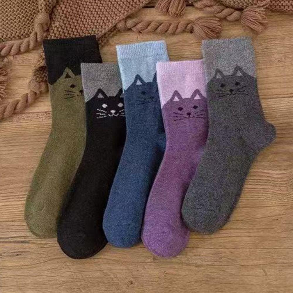 5 Pairs Elastic Cuff Mid Calf Socks Soft Breathable Cartoon Cat Socks Cotton Crew Socks For Women