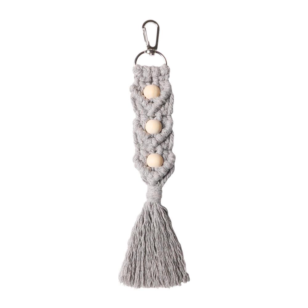 Nordic Minimalist Handmade Tassel Keychain with Woven Wood Beads and Cotton Rope