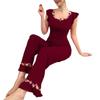 Damen Mode Über die Grenze Schlanke Passform Pyjama Set: Kurzarm-Oberteil & Lange Hose