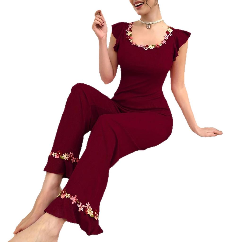Damen Mode Über die Grenze Schlanke Passform Pyjama Set: Kurzarm-Oberteil & Lange Hose