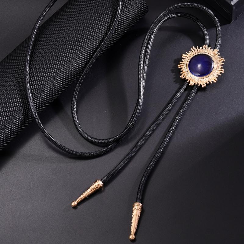 Vintage Sun Shape Gem Stone Bolo Tie Cowboy Costume Accessory for Men and Women Western Braided Cord Necktie Necklace