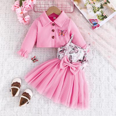 Conjunto de Dos Piezas para Bebé Niña Bordado de Mariposa Abrigo de Manga Larga y Conjunto de Vestido de Malla con Tirantes de Mariposa Morada