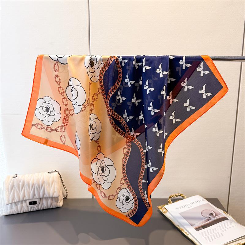 

Chain Butterfly Shadow Printing Simulation Silk Scarf Square Scarf High-End Shawl Versatile Neck Small Square Scarf Headscarf Unilateral 66-70CM