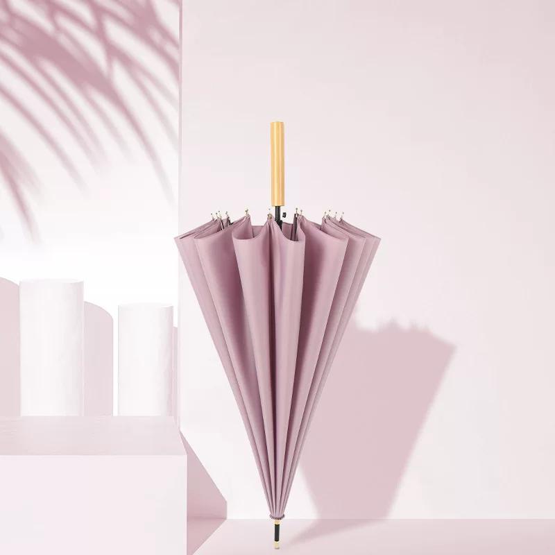 16-Rib Umbrella with Japanese-Style Fresh Design, Leather Handle, Curved Hook, Straight Pole, Large Double-Person Umbrella for Sun and Rain, Gift or