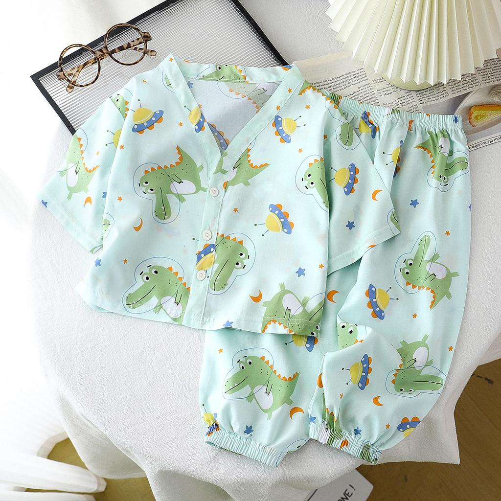 Children's Home Clothes Cotton Silk Set Summer Men's and Women's Pajamas Artificial Cotton Two Piece Set Cotton Silk Air Conditioning Clothes