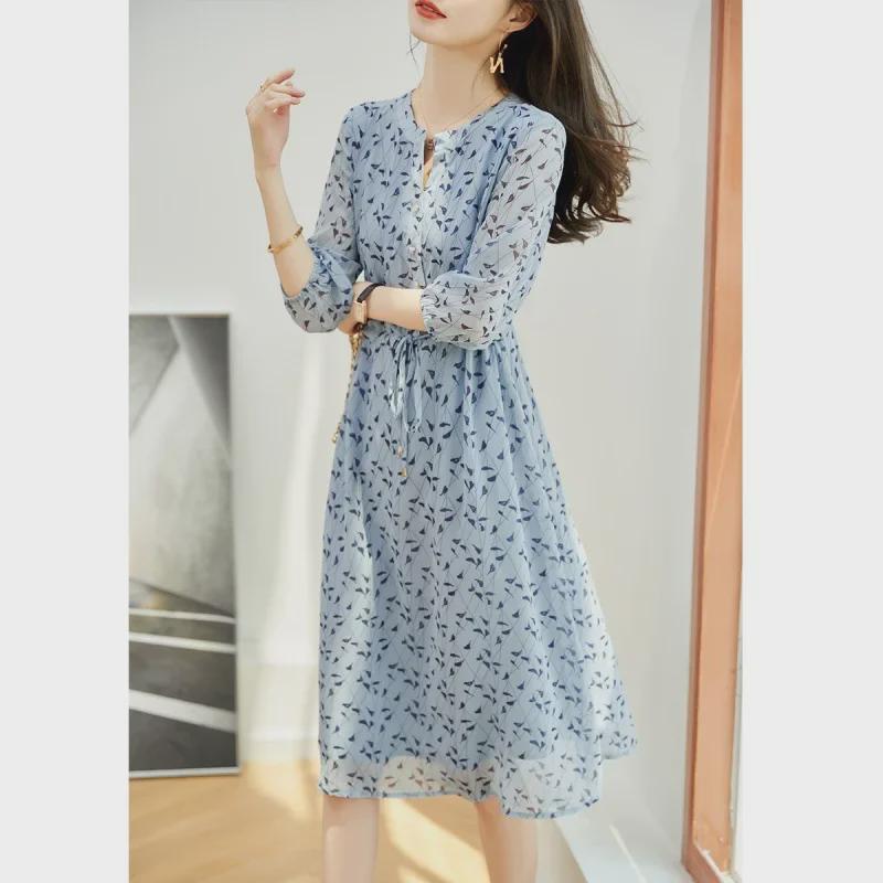 2025 Spring/Summer Floral Chiffon Waist-Slimming Long Dress for Women
