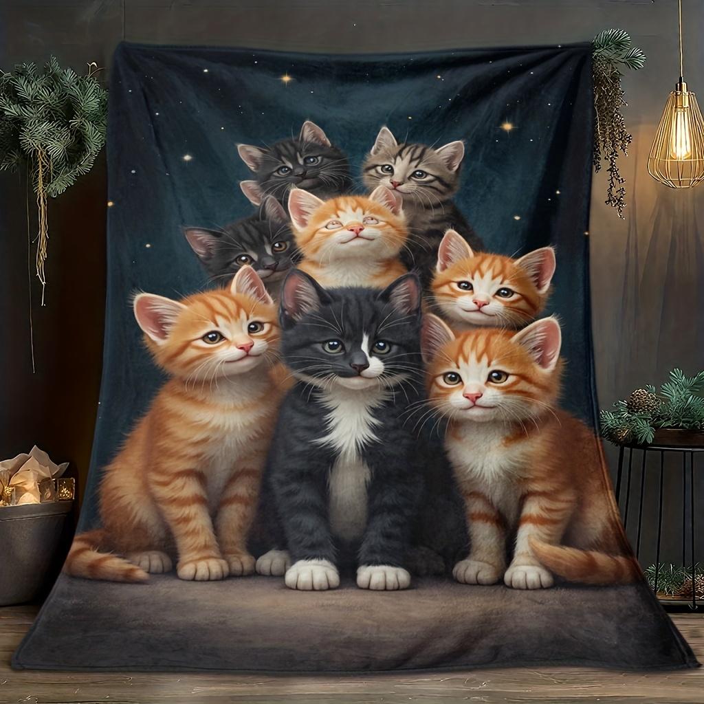 Kittens Under Starry Sky Fleece Blanket Cute Cats Print Throw Soft Cozy All Season Bedding Home Decor Gift For Cat Lovers