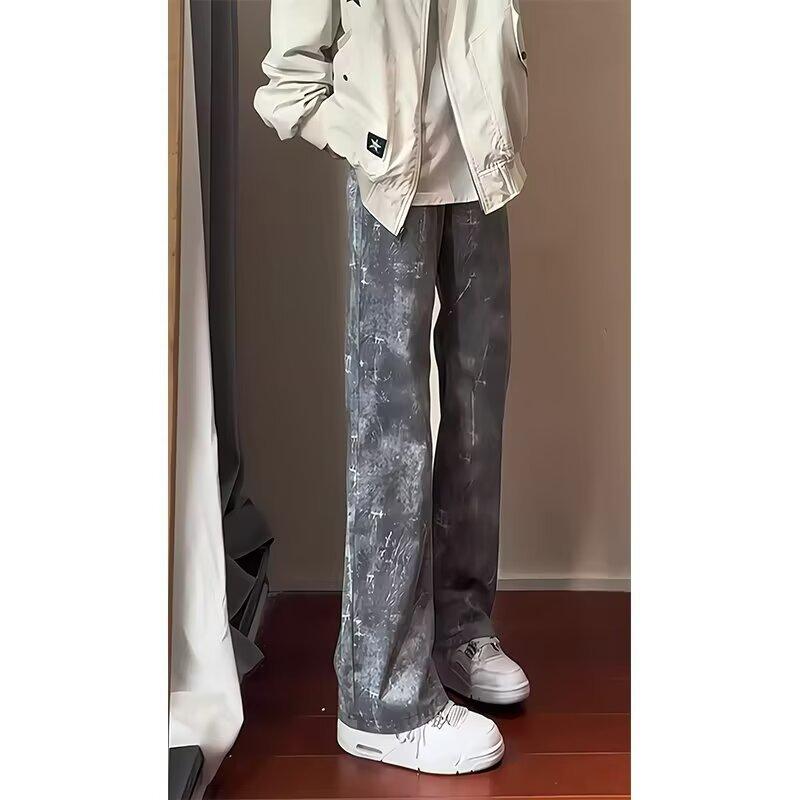 American High Street Snow Pattern Jeans Men's Autumn Niche Design Tie-dyed Pants High Waist Drape Straight and Slightly Pulled Pants