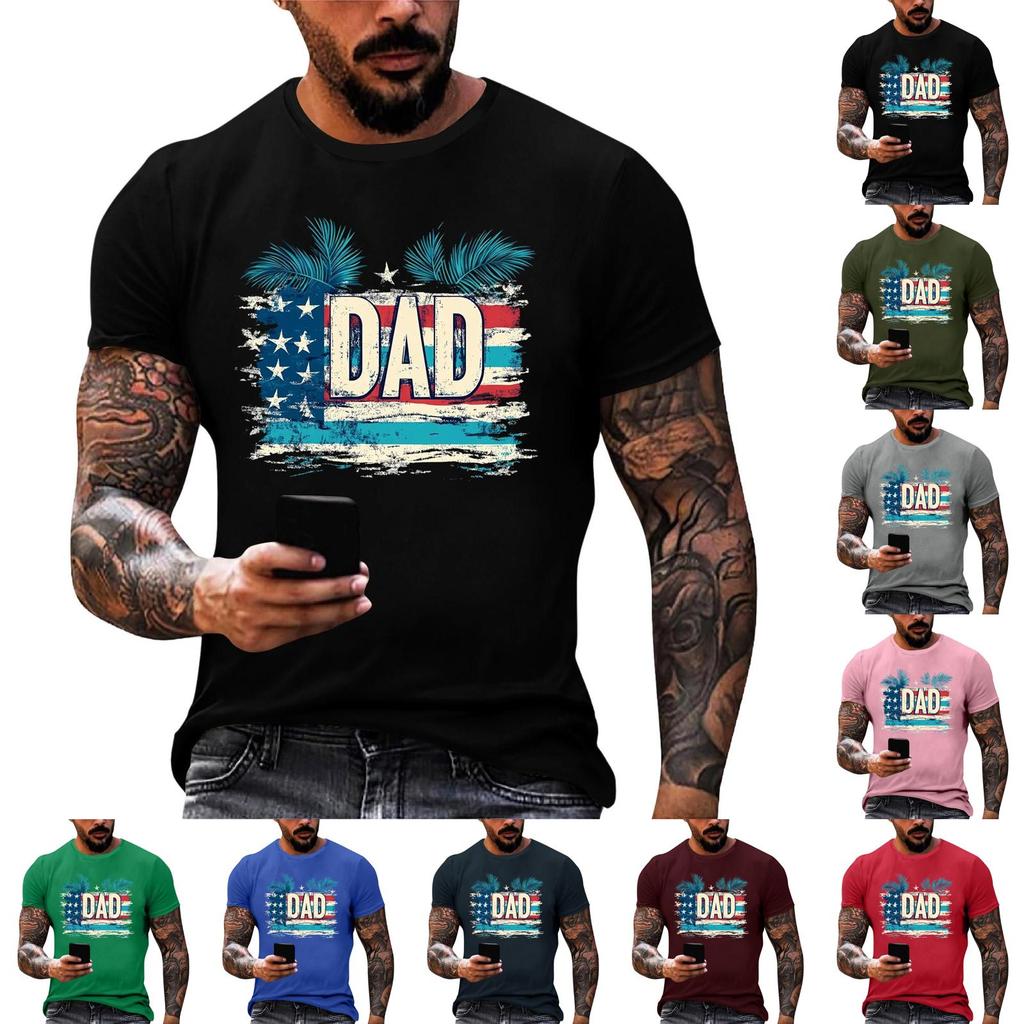 Men's Loose Fit Short Sleeve T Shirt Summer Casual Daily Wear Patriotic Flag Print Dad Graphic Tee for Father's Day Independence