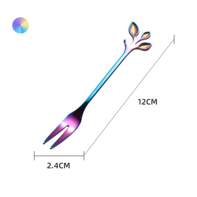 HANYANG Obstgabel aus Edelstahl, goldene Blätter, kreativer Gabellöffel aus Edelstahl, bunter Kaffeerührlöffel