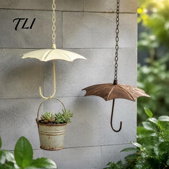Flower Vessel for Balcony Vintage Iron Umbrella Hanging Planter, Rustic Wrought Pot with Wall Mounted Plant Basket Chain, Weatherproof Outdoor Garden