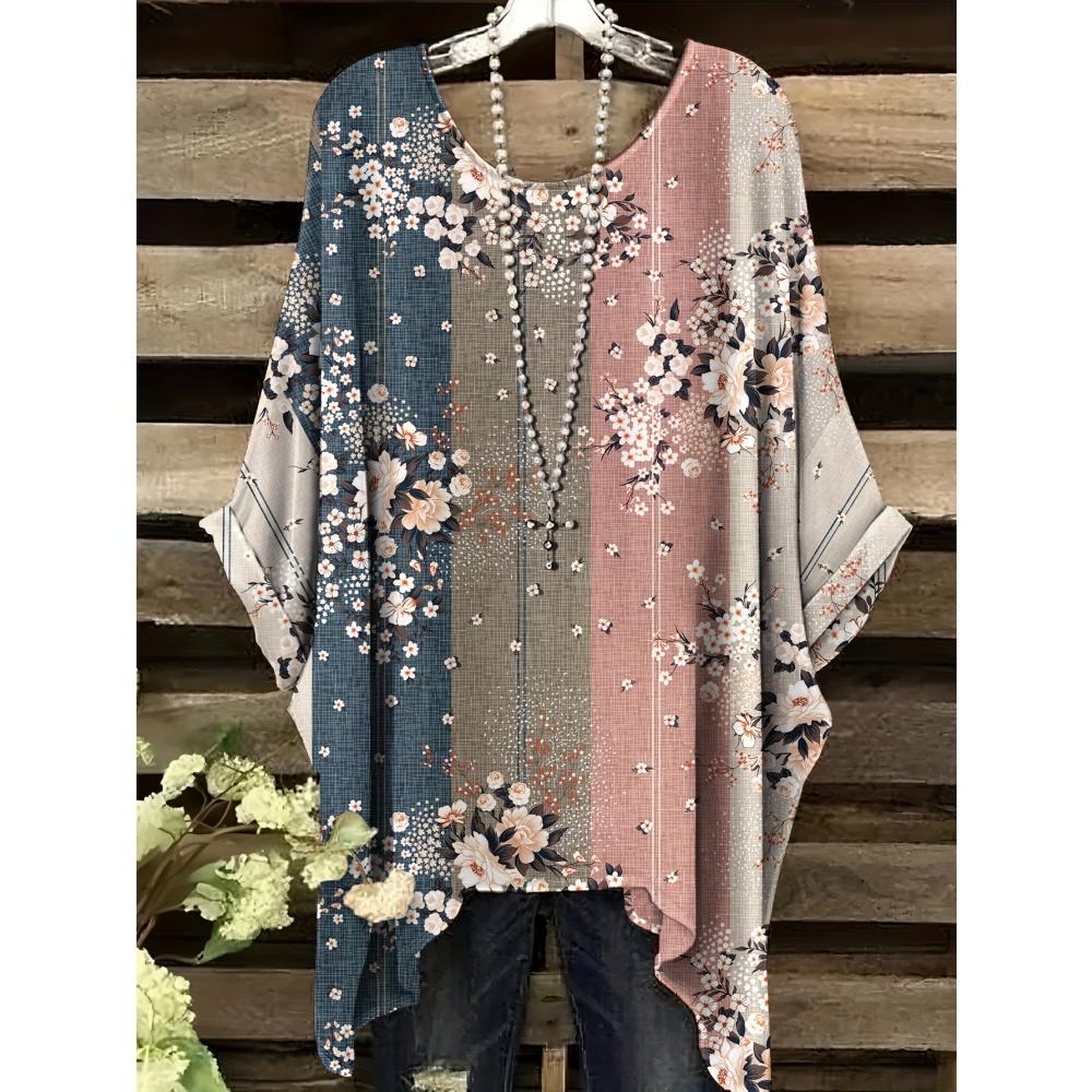 Damen Sommer Böhmisches T-Shirt mit Blumendruck Vintage Helllila Y2k Grafik Rundhals Kleidung Elegant Frau Kurzarm Top