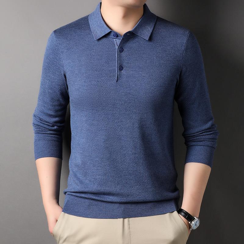 

Весенне-осенняя мужская дышащая футболка среднего возраста, новый воротник-поло, однотонный, длинный рукав, модная повседневная мода XXXL